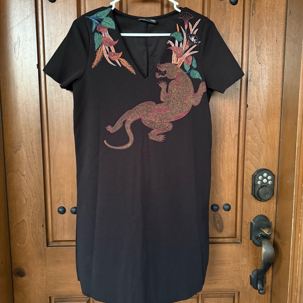 Zara Black Faux Embroidered‎ Colorful Tiger and Flowers Mini Dress Small